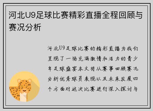 河北U9足球比赛精彩直播全程回顾与赛况分析