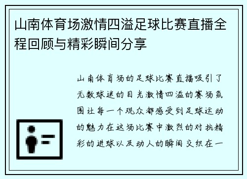 山南体育场激情四溢足球比赛直播全程回顾与精彩瞬间分享